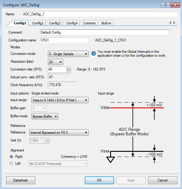 A Delta-Sigma ADC konfigurálása Single-ended mód Single-sample mód 20 bites felbontás Belső referencia (1.