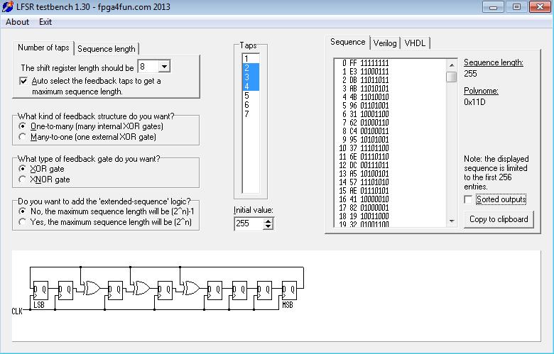 Az LFSR testbench alkalmazás Az fpga4fun.com/counters3.