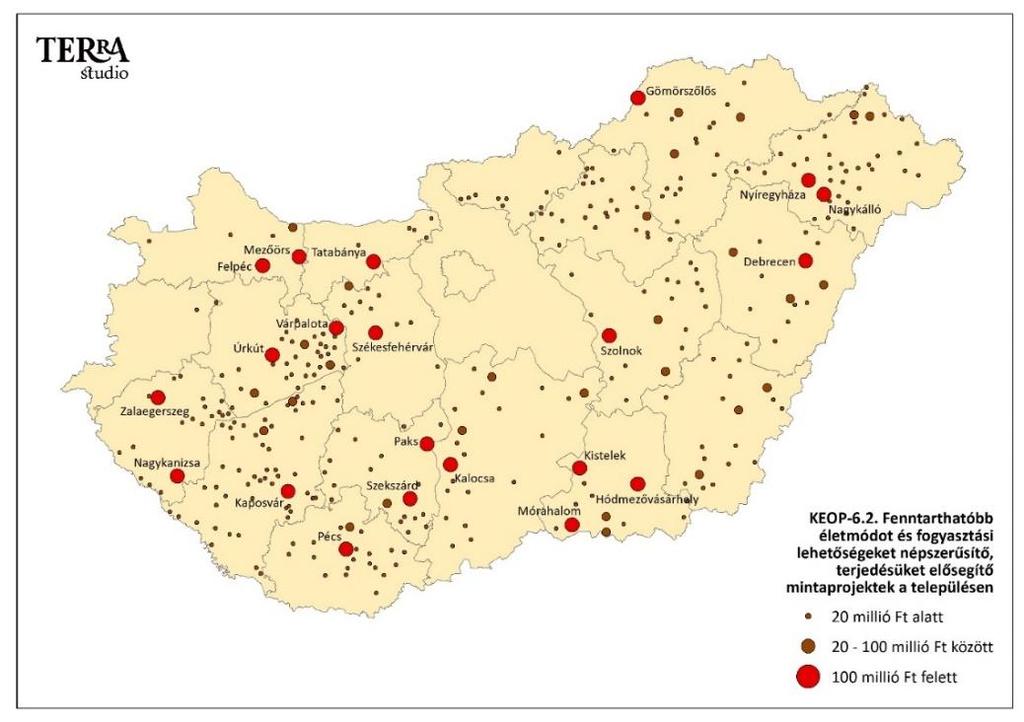 életmód és a fogyasztás népszerűsítése a lakosság körében. 32 34. ábra: KEOP-6.2. keretében kifizetett támogatások települések szerint Forrás: Terra Stúdió Kft: KEOP ÁTFOGÓ EX-POST ÉRTÉKELÉSE, 2016.