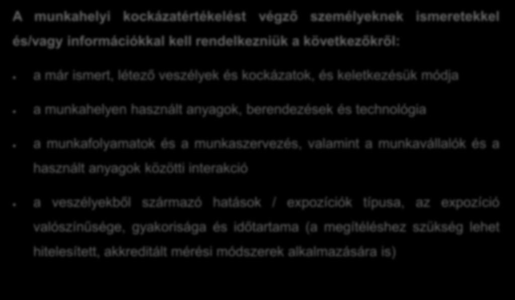 Kockázatértékelési feladatok végzésének feltételei A munkahelyi kockázatértékelést végző személyeknek ismeretekkel és/vagy információkkal kell rendelkezniük a következőkről: a már ismert, létező