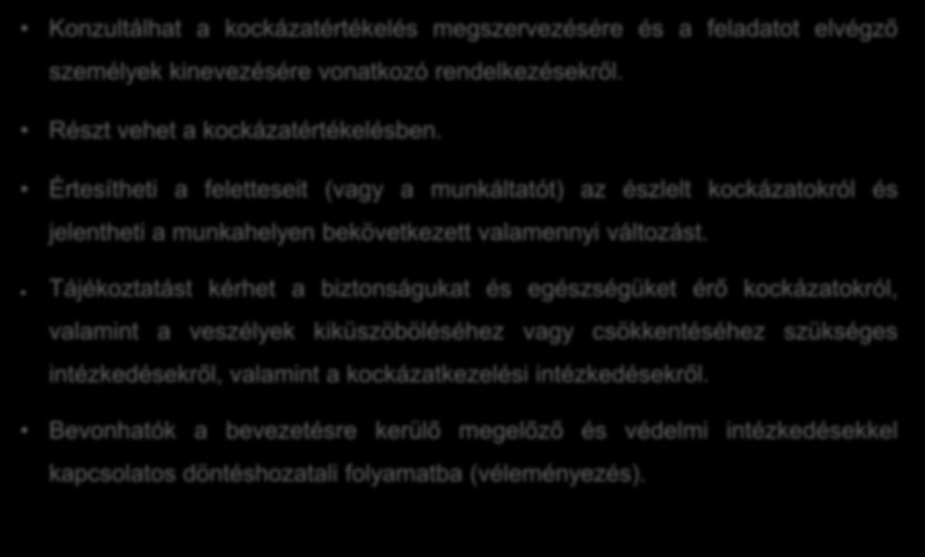 A munkavédelmi képviselőik jogai/feladatai alapján: Konzultálhat a kockázatértékelés megszervezésére és a feladatot elvégző személyek kinevezésére vonatkozó rendelkezésekről.