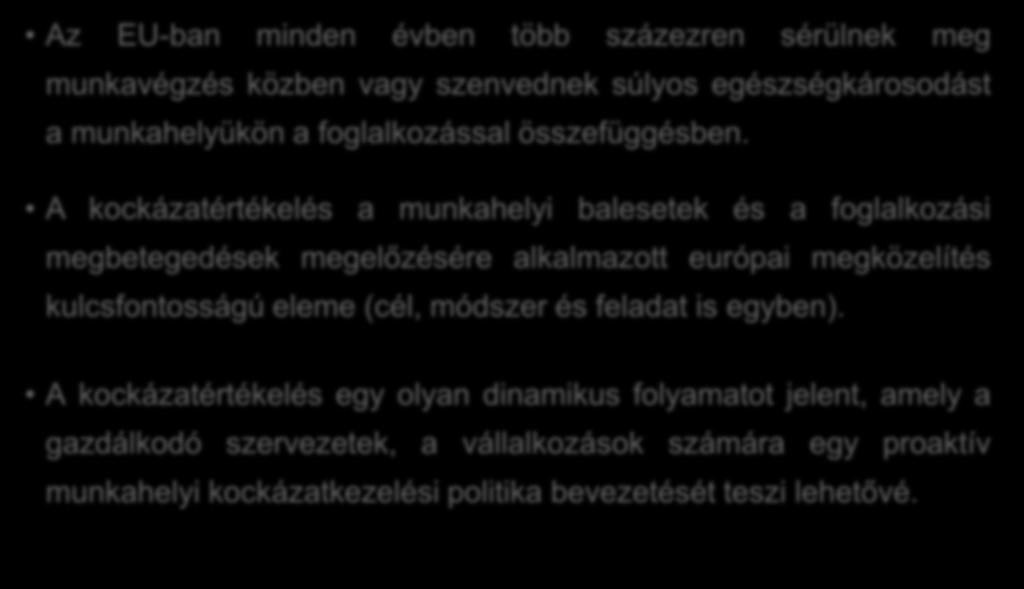 A kockázatértékelésen alapuló megelőzés Az EU-ban minden évben több százezren sérülnek meg munkavégzés közben vagy szenvednek súlyos egészségkárosodást a munkahelyükön a foglalkozással összefüggésben.