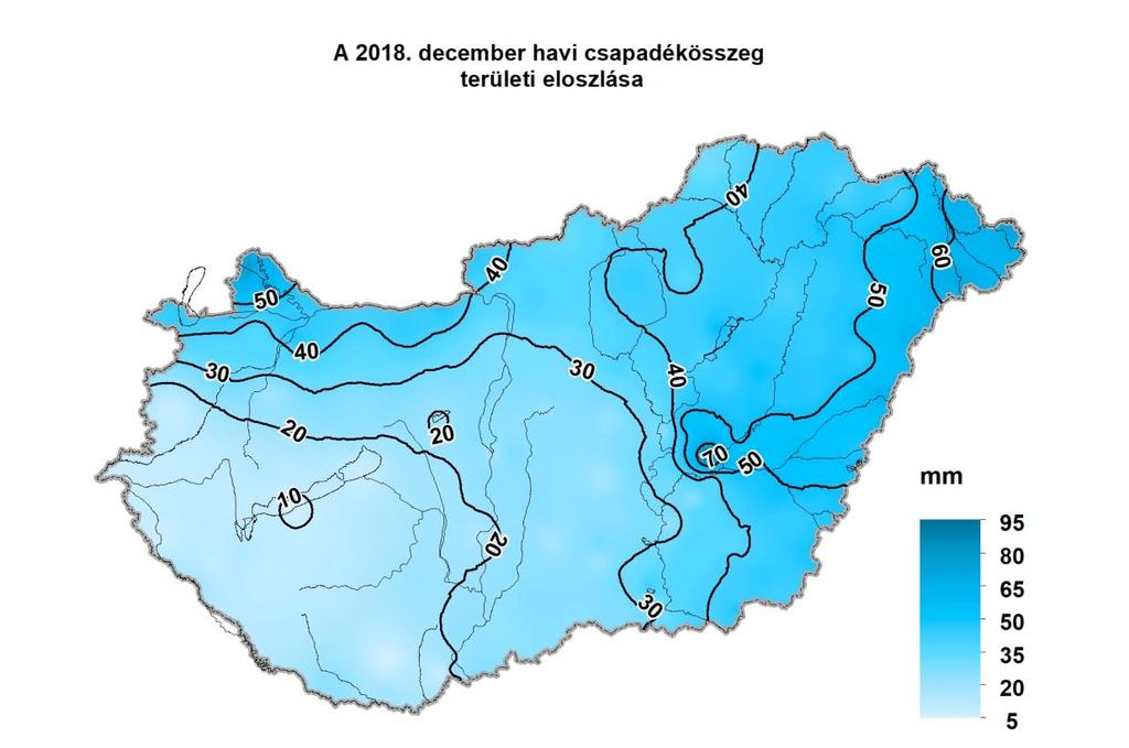 1. HELYZETÉRTÉKELÉS Csapadék 2018 decemberében a rendelkezésre álló adatok szerint az ország területére lehullott csapadék mennyisége 7 mm (Pécs-Pogány) és 96 mm (Mezőtúr) között alakult.