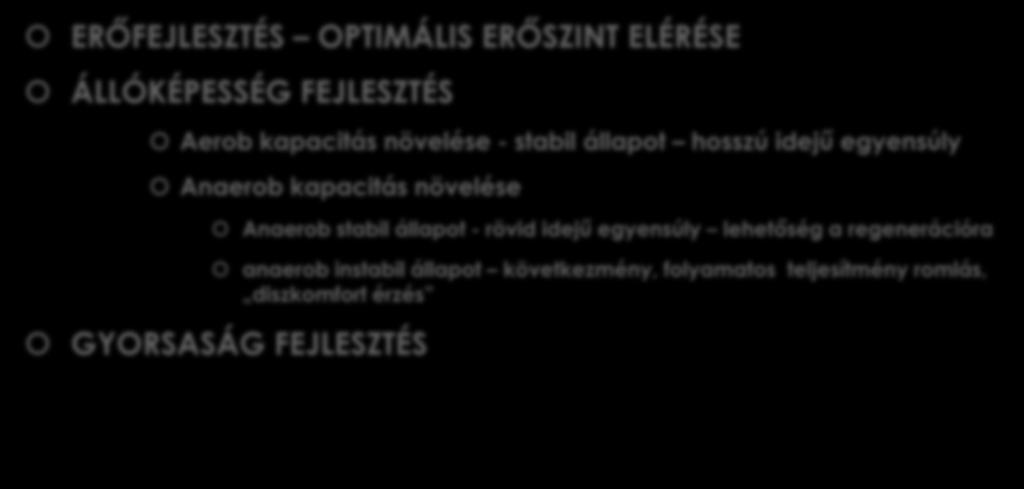 FIZIKÁLIS KÉPESSÉGEK FEJLESZTÉSE ERŐFEJLESZTÉS OPTIMÁLIS ERŐSZINT ELÉRÉSE ÁLLÓKÉPESSÉG FEJLESZTÉS Aerob kapacitás növelése - stabil állapot hosszú idejű egyensúly Anaerob kapacitás