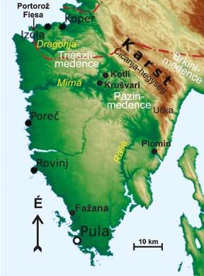 Isztriai amforák és nyersanyagaik nehézásványai 83 3. ábra. Isztria domborzata és az említett területei, városai (http://upload.wikimedia. org/wikipedia/commons/a/a2/dinarisches_gebirge_topo.