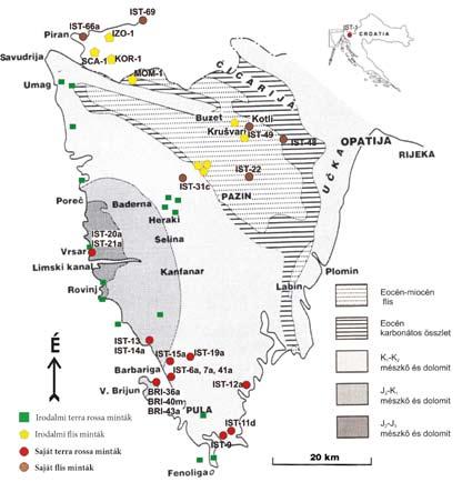 84 Obbágy Gabriella 4. ábra. Isztria egyszerűsített földtani térképe és a mintavételi helyek Irodalmi minták: Durn et al. (2007) és Mikes (2003) (térkép: Velić et al. 1995 alapján) 2. 3.