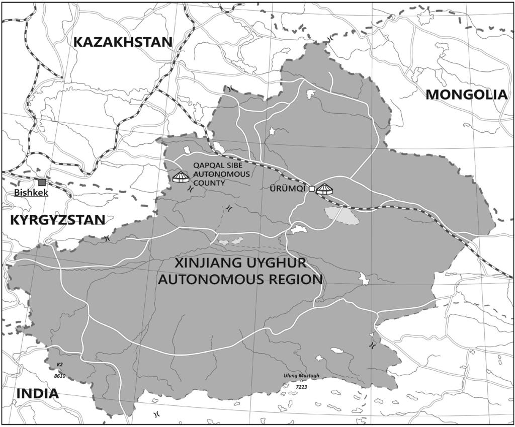 18 A mártírium homályából 3. sz. térkép. A terepmunka helyszínei a Xinjiang Ujgur Autonóm Területen: a Chabucha er Sibe Autonóm Járás és Ürümcsi város.