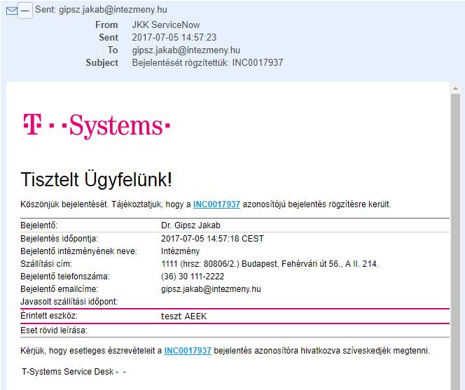 Az email mellett a garanciális bejelentő oldalon megjelenik a bejelentés adatlapja.