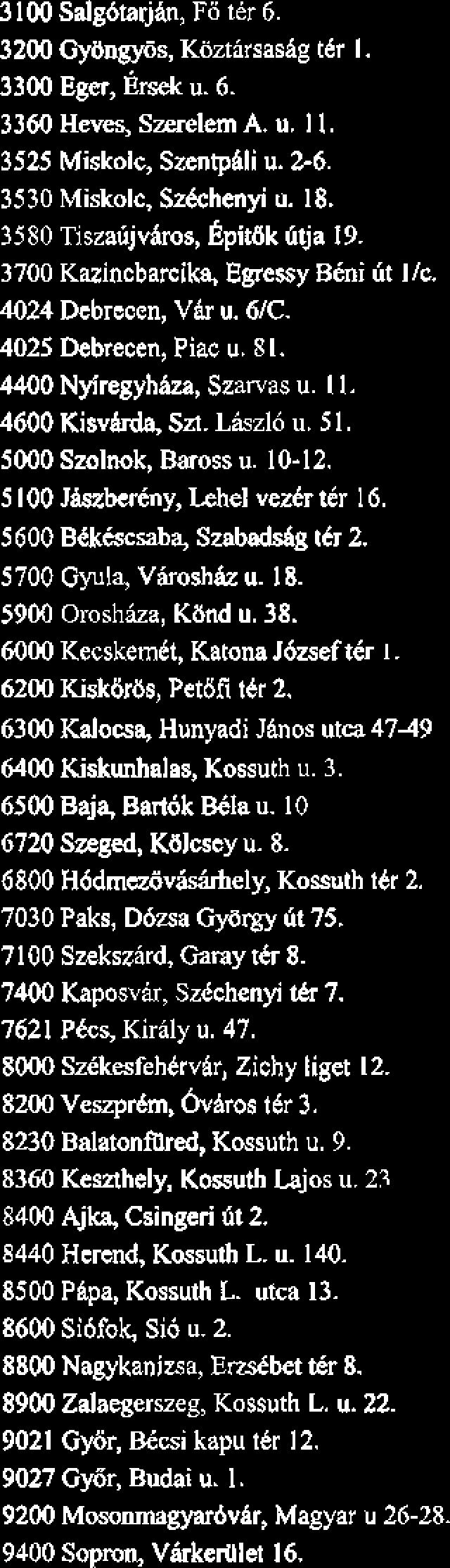 1039 Budapest, PUnkBsd Wdb u. 52-54. 1045 Budapest, Arphd 1I6t 183-185. 105 1 Budapest, Szent Istvh tttr 1 1. 1052 Budapest, TOrr Jstvhn u. 9. 1056 Budapest, Vki u. 38.