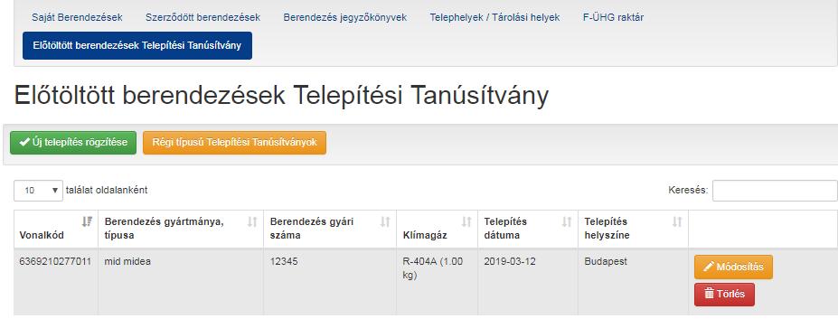 3. A felugró ablakban (31. ábra) adja meg a Telepítési Tanúsítványon található vonalkódot, a telepítés elvégzésének időpontját, helyszínét.