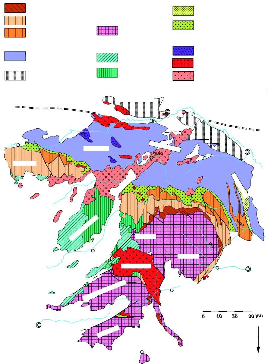 130 2. ábra Az Erdélyi-középhegység alpi szerkezeti egységeinek egyszerűsített térképe a legfontosabb magmás kőzetegyüttesek kiemelésével (Bleahu, 1976; Ianovici et al.