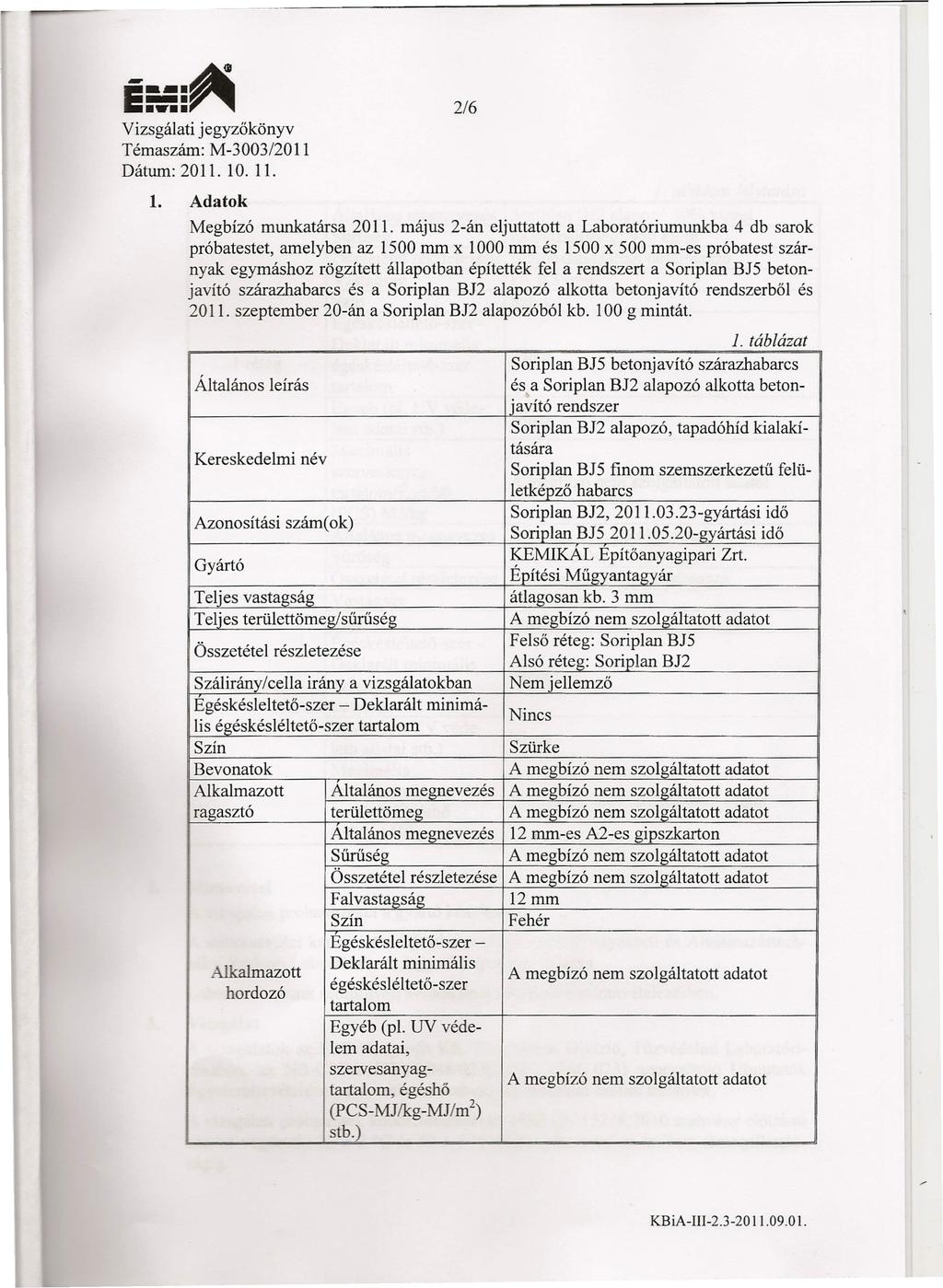 E--- ~ =:n Vizsgálati jegyzőkönyv Témaszám: M-3003/2011 Dátum: 20 ll. 10. ll. 1. Adatok 216 Megbízó munkatársa 20 ll.