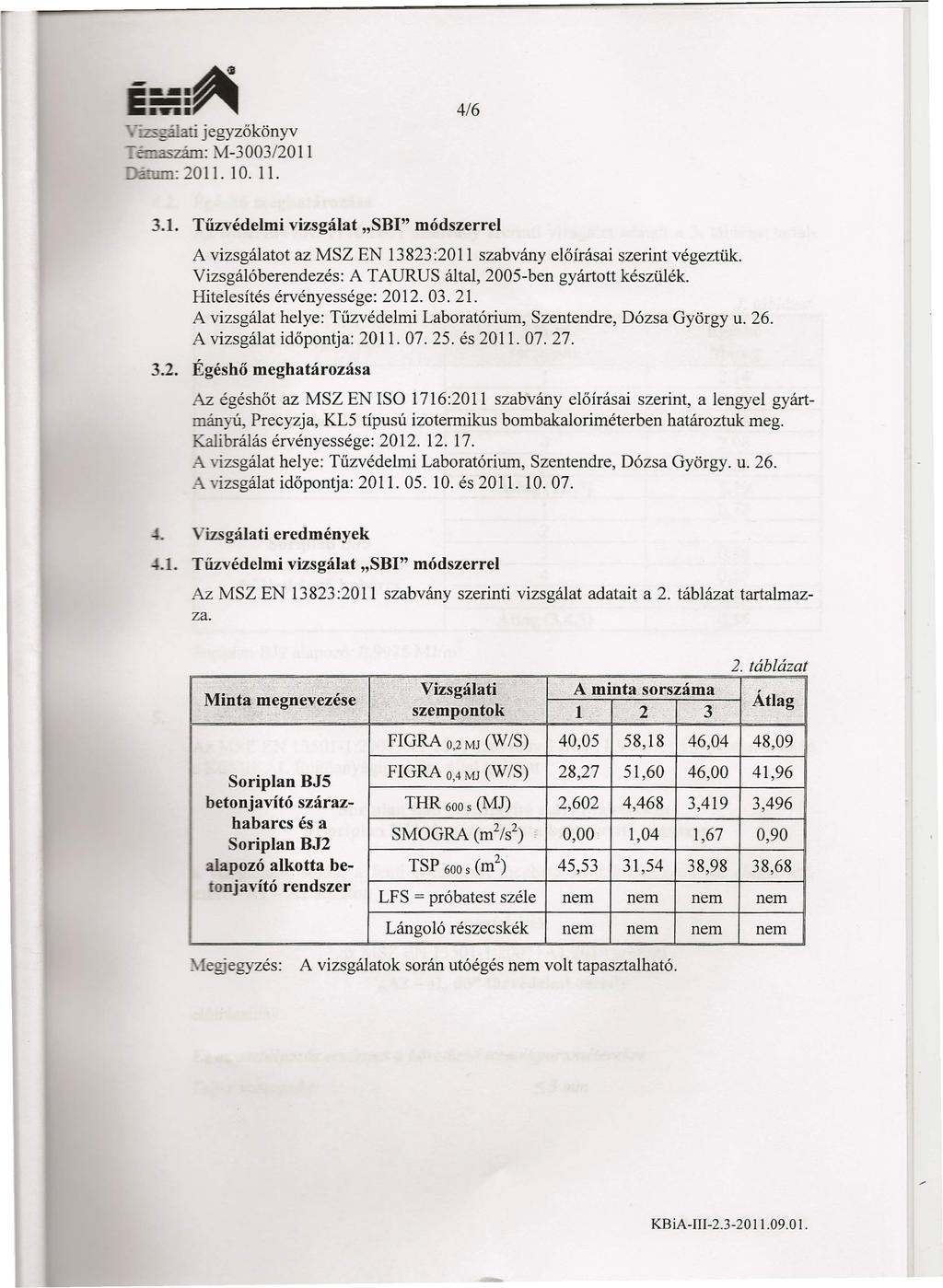 7.5.:: ri jegyzőkönyv -~2szLÍm: M-3003/2011 ~;;;...I.UJ...Ll: 2011. 10. 11. 416 3.1. Tűzvédelmi vizsgálat "SBI" módszerrel A vizsgálatot az MSZ EN 13823:2011 szabvány előírásai szerint végeztük.