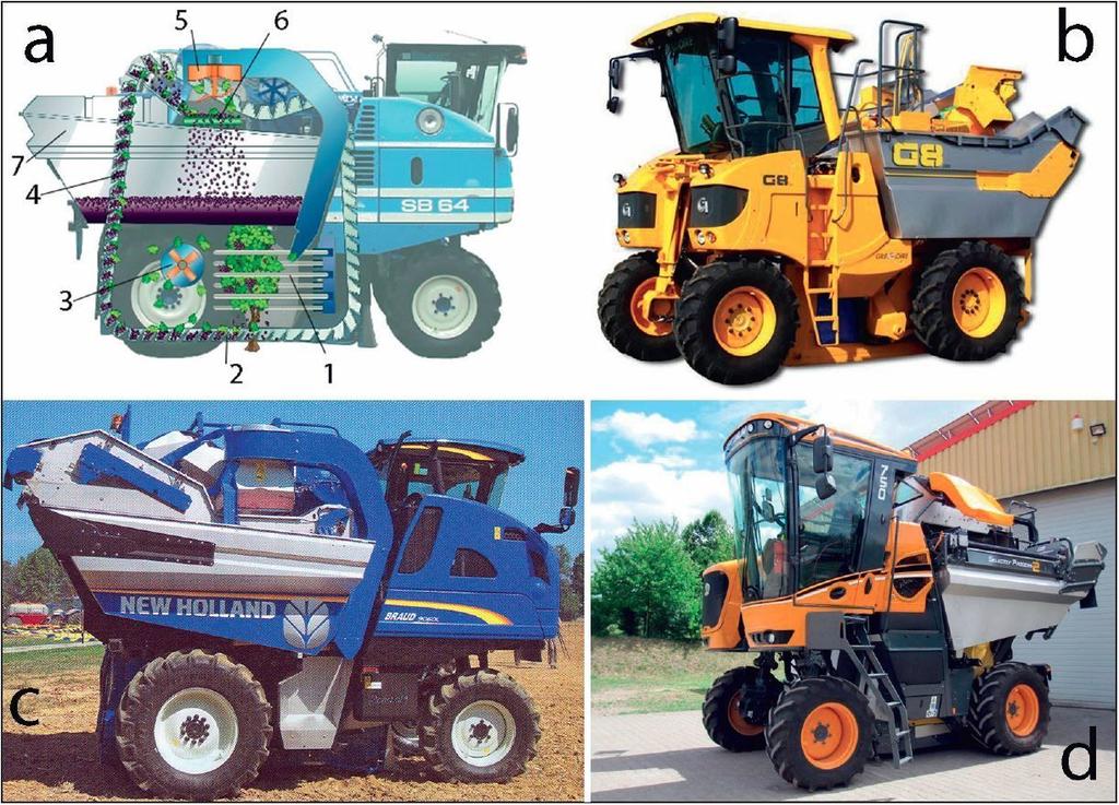 3. ábra. Magajáró szőlőbetakarító gépek (agriculture1.newholland.com, tractorhouse.com, kite.hu) Magajáró gépek A magajáró gépek közül a Braud SB64 szőlőkombájn röntgenképét (3. ábra, a) mutatjuk be.