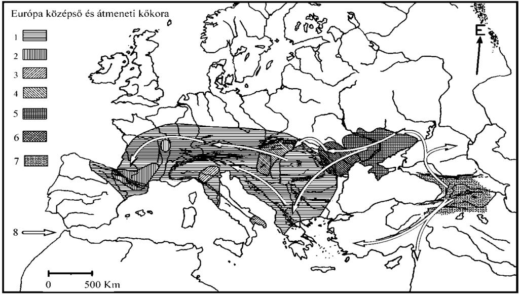 A fenti ábra a würm jégkorszak végén Európában fellelhető emberi műveltségek elhelyezkedését és mozgását szemlélteti. 128 A jégkorszak fölmelegedését megelőző időszakban Európa zömmel jég alatt volt.