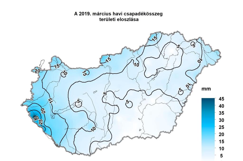 1. HELYZETÉRTÉKELÉS Csapadék 2019 márciusában a rendelkezésre álló adatok szerint az ország területére lehullott csapadék mennyisége 1 mm (Kelebia, Mezőtúr, Mórahalom, Soltvadkert, Vedresszék) és 42