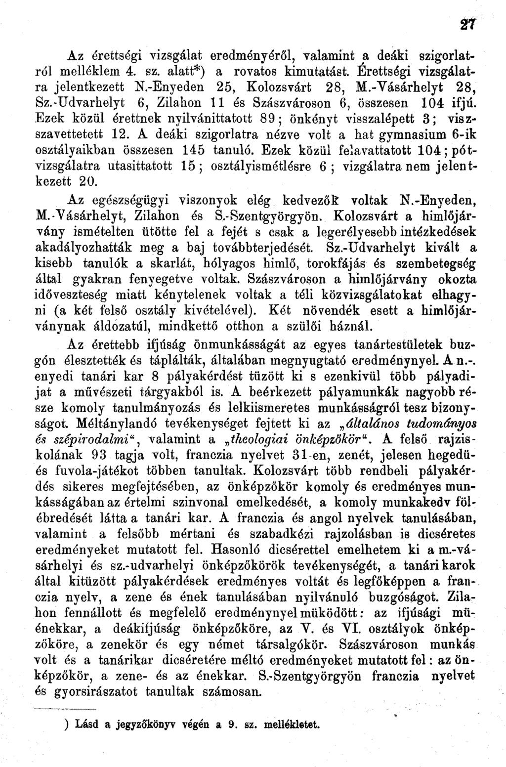 Az érettségi vizsgálat eredményéről, valamint a deáki szigorlatról melléklem 4. sz. alatt*) a rovatos kimutatást. Érettségi vizsgálatra jelentkezett N.-Enyeden 5, Kolozsvárt 8, M.-Vásárhelyt 8, Sz.
