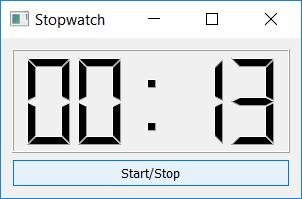 Stopwatch Qt-val fejlesztve Stopwatch : public QWidget Ablakszerű vezérlő objektum, amely más vezérlőket (időzítő, kijelző, nyomógomb) tartalmaz. Lezárása váltja ki a quit szignált.