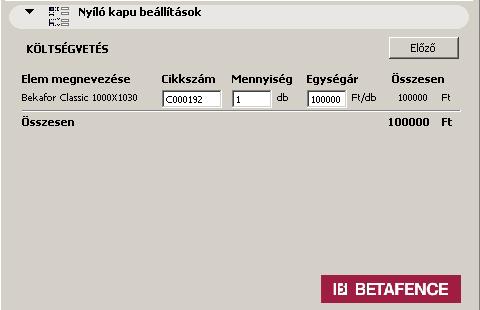 3.3. Költségvetés oldal. Az Alaprajzi és 3D-s beállítások oldalról a Következő feliratú ikon rákattintásával érhető el.