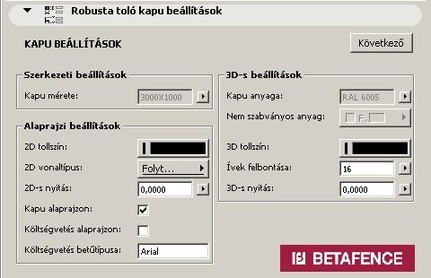 4.Robusta toló kapu beállításai. Az alább felsorolt paraméterek a felhasználói felületen kívül a paraméter listában is megtalálhatók. 4.1. Kapu beállítások oldal.