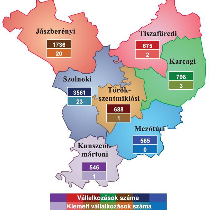 MŰKÖDŐ VÁLLALKOZÁSOK VERSENYKÉPESSÉGI NEHÉZSÉGEK Jász-Nagykun-Szolnok megye 50 legnagyobb vállalkozásának területi eloszlása (2015) Forrás: