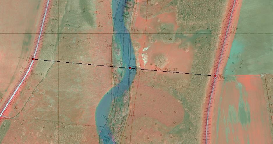 A 14 VO szelvény (15+100 fkm) jelentős, 2 2,5 m mélyülését a folyó a mederszélesség szűkítésével ellensúlyozta.