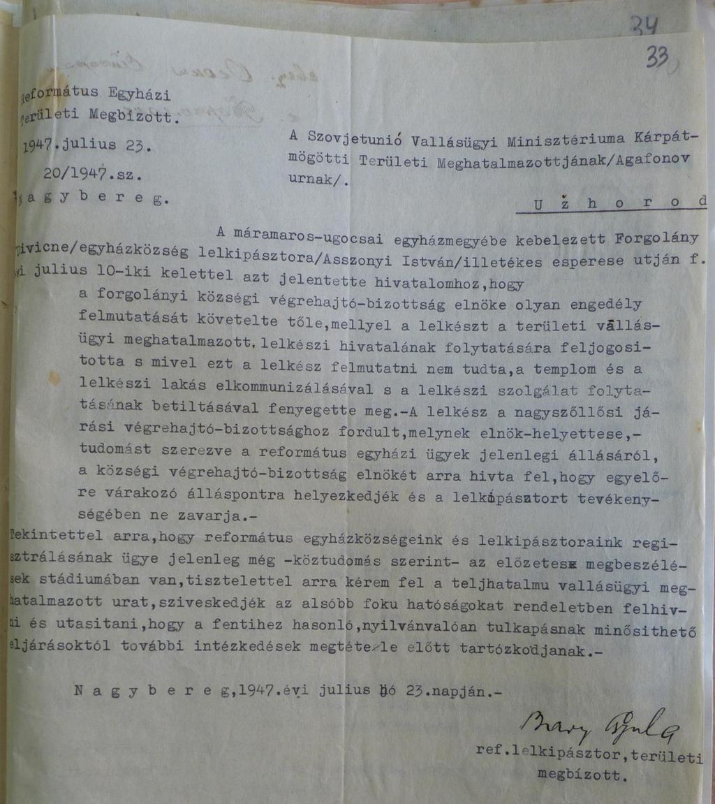6. számú melléklet: A nagyberegi református lelkipásztor panaszlevele Szovjetunió Vallásügyi Minisztériuma Kárpátalja
