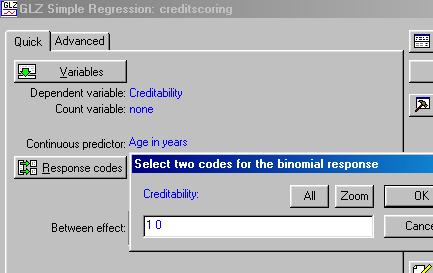 Estimates Intercept Age in years Scale Creditability - Parameter estimates (creditscoring) Distribution : BINOMIAL Link function: LOGIT Level of Column Estimate