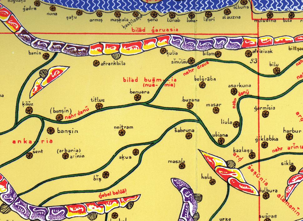 2. kép Idrisi világtérképének Magyarországot ábrázoló részlete, 1154. Országos Széchényi Könyvtár, Budapest (=Bács) városáig ugyancsak hetvenöt mérföld. T.y.t.l.w.