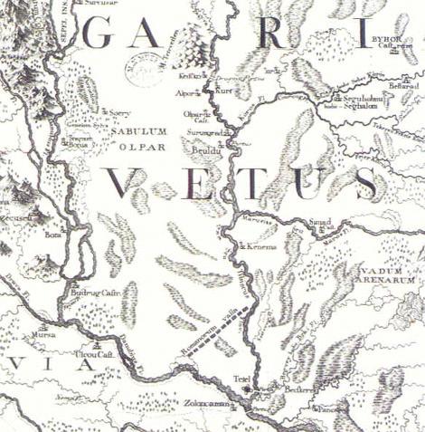 3. kép Hell Miksa térképének Duna Tisza-közi részlete, 1772 Országos Széchényi Könyvtár, Budapest (éppen a solt tételhegyi leleten), szablyaellenzőn megfigyelhető élére állított rombuszmotívum a