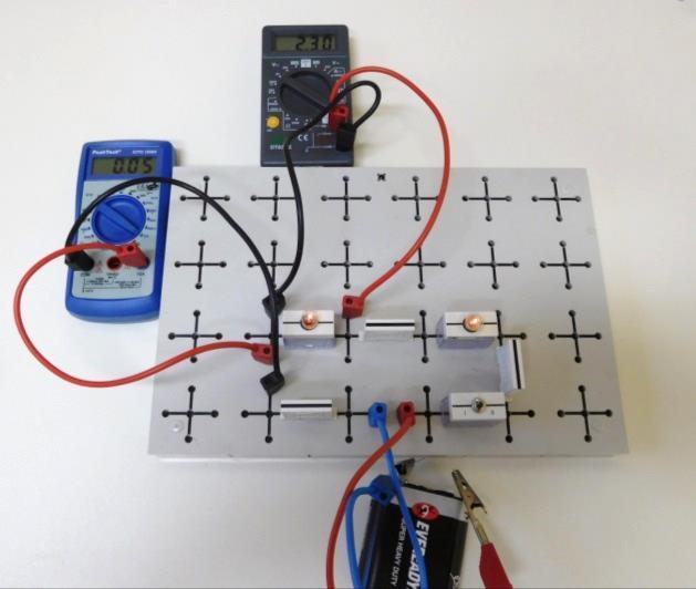 4,5V-os zsebtelep (vagy helyettesítő áramforrás); két egyforma zsebizzó foglalatban; kapcsoló; vezetékek; feszültségmérő műszer, áramerősség-mérő műszer (digitális