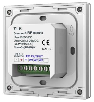 4G Remote, Single Color EU Switch boxes for flush-mounting installation, Ø65 X 40mm, with 4 screw domes Input: 12-24VDC (144-288W) Output current: 3CH,4A/CH Dimming Output: PWM + RF2.
