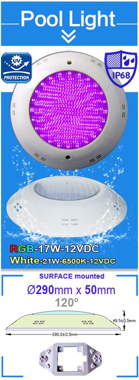 CV - Constant Voltage, Swimming Pool LED Light, Surface Mounted, IP68 Power Supply Not Included!! 18W Surface Mounted RGB Swimming Pool Light Power Supply: 12 AC/VDC/max.