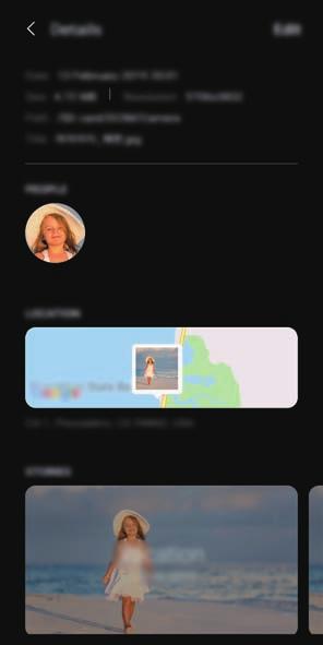 Alkalmazások és funkciók Képek és videók részleteinek megtekintése Megtekintheti a fájl részleteit, például az embereket, a helyet és az alapvető információkat.