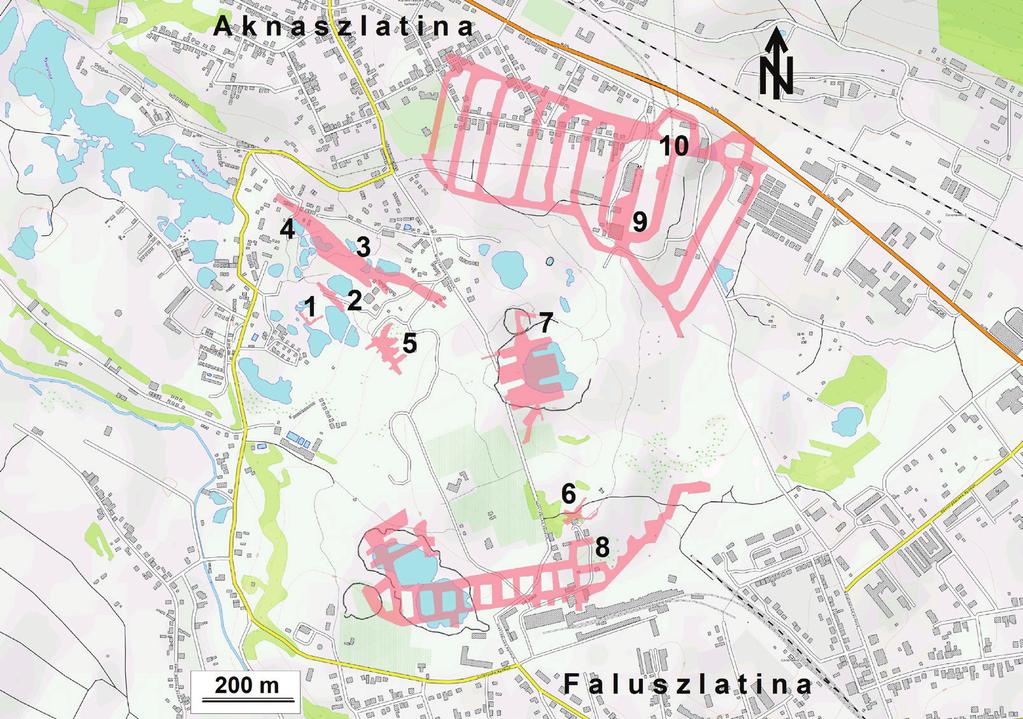 12 4. ábra. Az aknaszlatinai sóbányák: 1. Krisztina-, 2. Albert-, 3. Kunigunda-, 4. Miklós-, 5. József-, 6. Lajos-, 7. Ferenc-, 8. Új-Lajos-, 9. Kilences-, 10.