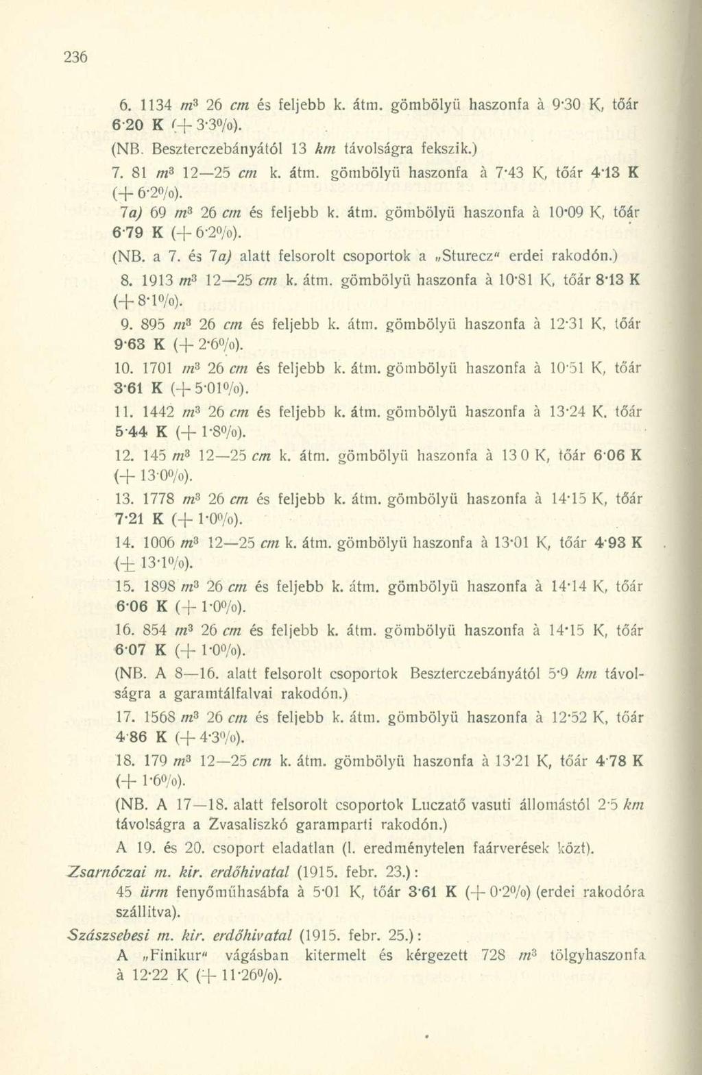 6. 1134 m 3 26 cm és feljebb k. átm. gömbölyű haszonfa á 9-30 K, tőár 6-20 K (+ 3-3 /o). (NB. Beszterczebányától 13 km távolságra fekszik.) 7. 81 m 3 12 25 cm k. átm. gömbölyű haszonfa á 7-43 K, tőár 4-13 K (+ 6-2o/o).