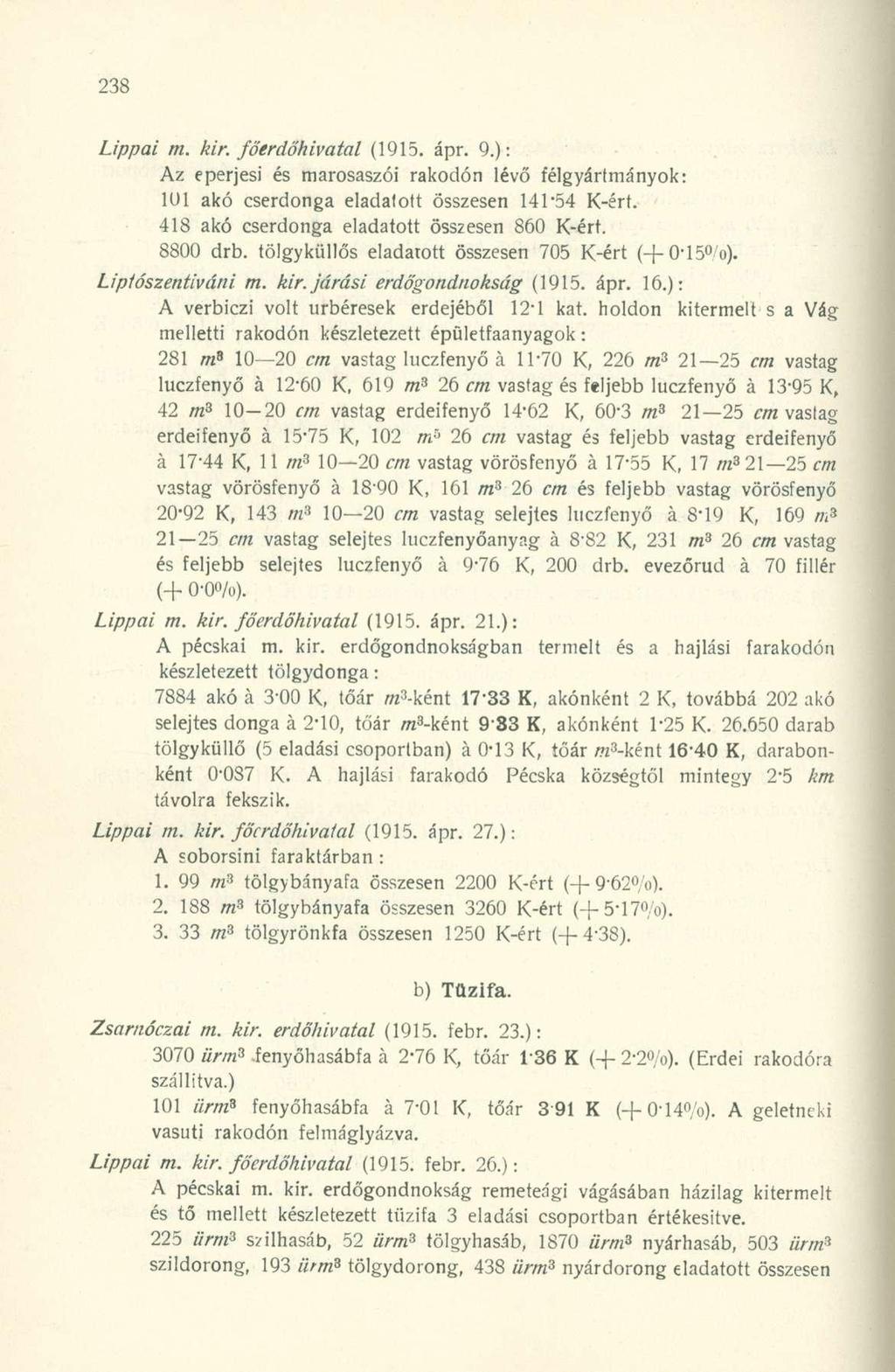 Lippai m. kir. főerdőhivatal (1915. ápr. 9.): Az eperjesi és marosaszói rakodón lévő félgyártmányok: 1U1 akó cserdonga eladatott összesen 141*54 K-ért. 418 akó cserdonga eladatott összesen 860 K-ért.