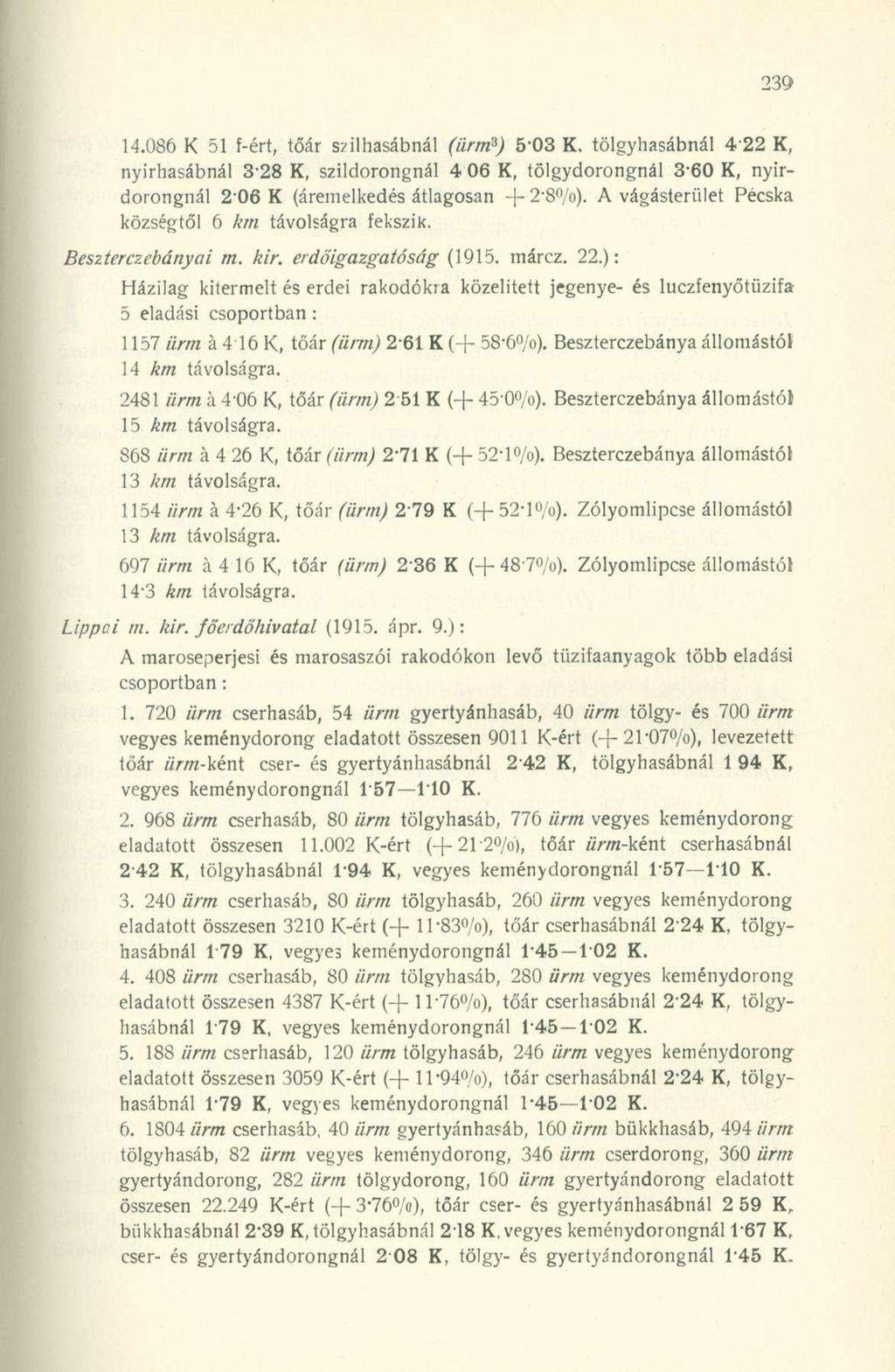 14.086 K 51 f-ért, tőár szilhasábnál (ürm 3 ) 5-03 K, tölgyhasábnál 422 K, nyirhasábnál 3-28 K, szildorongnál 4 06 K, tölgydorongnál 3-60 K, nyirdorongnál 206 K (áremelkedés átlagosan -f- 2"8 /o).