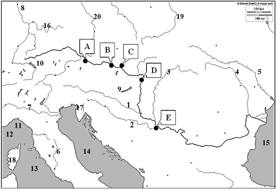 II. a. Az alábbi térkép valamint földrajzi ismereteid segítségével azonosítsd az olvasmányból hiányzó elemeket, és írd azok nevét az értékelő lapra a zárójelben megadott számok szerint!