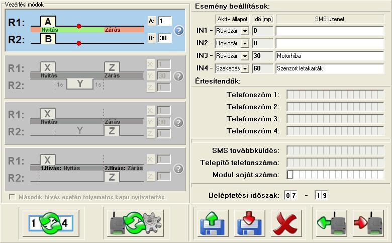 2.8 További beállítások Esemény beállítások: az IN-IN4 bemenetekre vonatkozó beállítások - Aktív állapot: a bemeneti kontaktusok definiálása, rövidzár vagy szakadás, amely hatására elindul az SMS