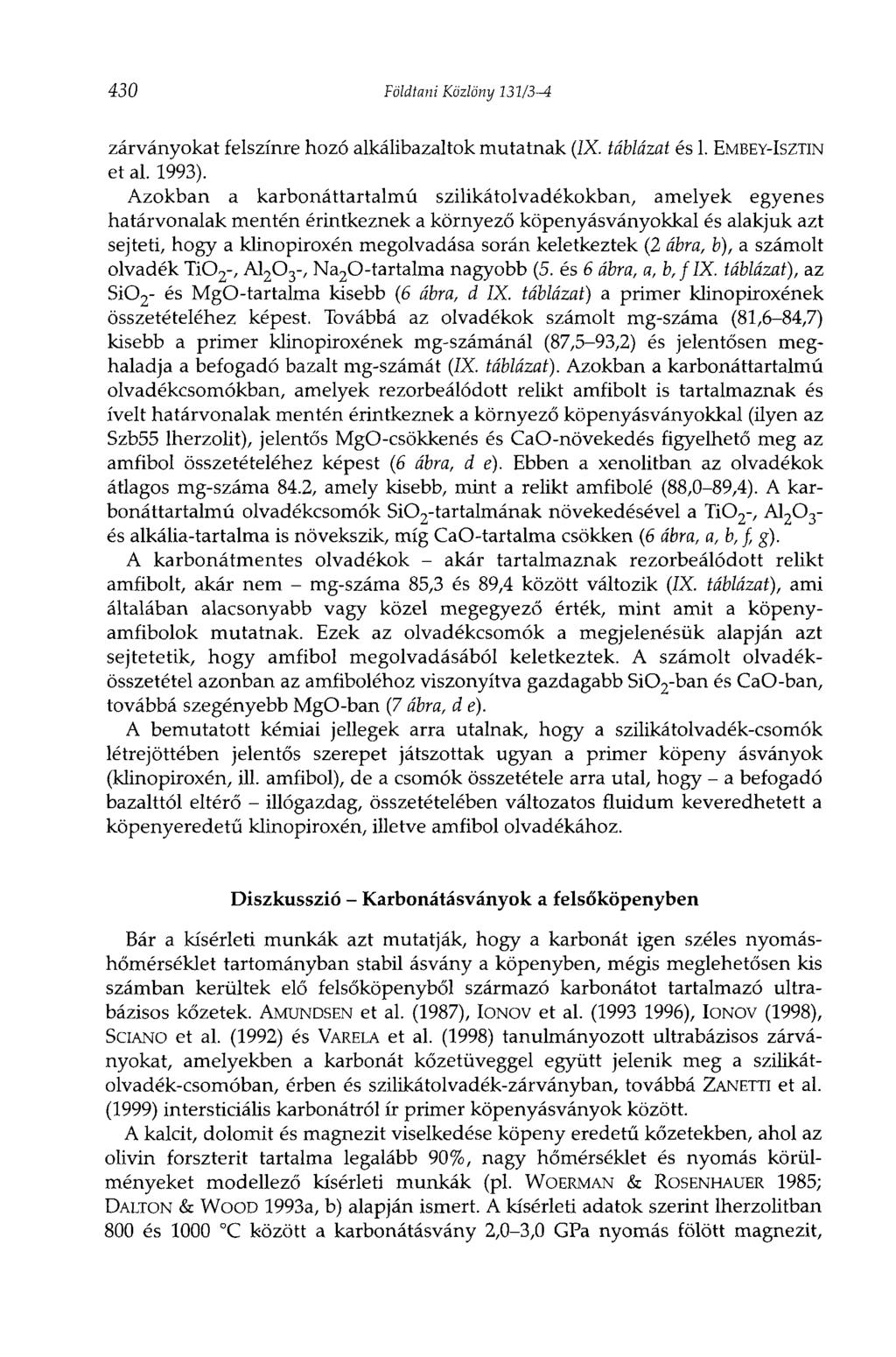 430 Földtani Közlöny 131/3 4 zárványokat felszínre hozó alkálibazaltok mutatnak (IX. táblázat és 1. EMBEY-ISZTIN et al. 1993).