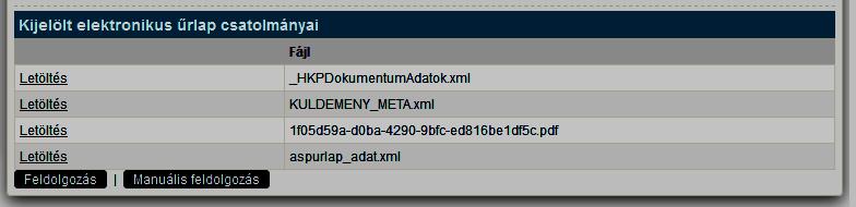 Egy beérkező űrlapot kiválasztva megjelennek az elektronikus űrlaphoz tartozó csatolmányok.