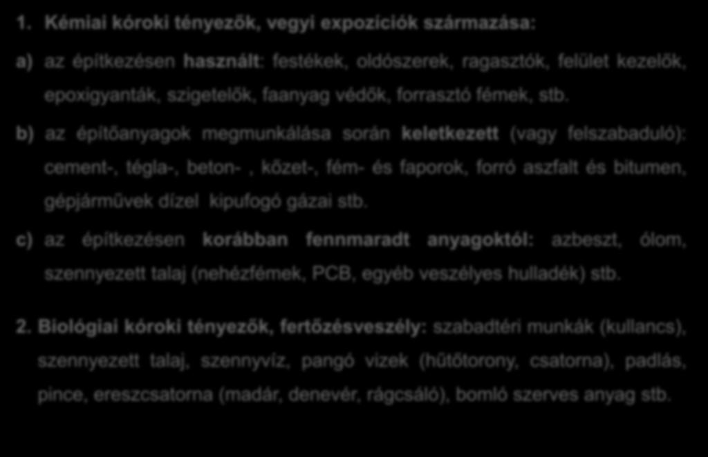 b) az építőanyagok megmunkálása során keletkezett (vagy felszabaduló): cement-, tégla-, beton-, kőzet-, fém- és faporok, forró aszfalt és bitumen, gépjárművek dízel kipufogó gázai stb.