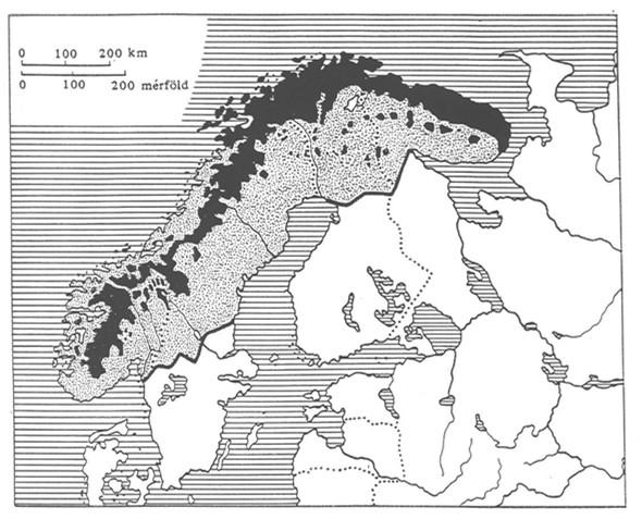 A lemmingek elterjedési területe Skandináviában (Ekman 1922 nyomán) 11 éves ciklus (Kalela 1943) törzsállomány É-i tundrán