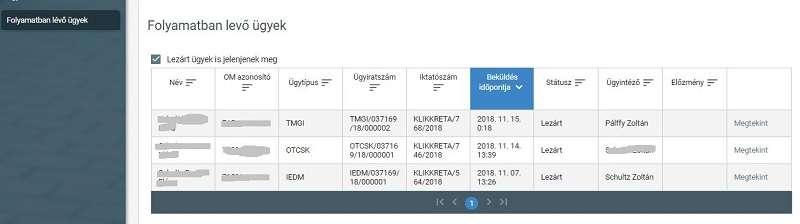 Az elindított ügyek listája a baloldalon lévő Folyamatban lévő ügyek menüpont alatt érhetők el: Amennyiben egy ügy Döntés vagy Lezárt státuszba került, akkor érdemes Megtekinteni.