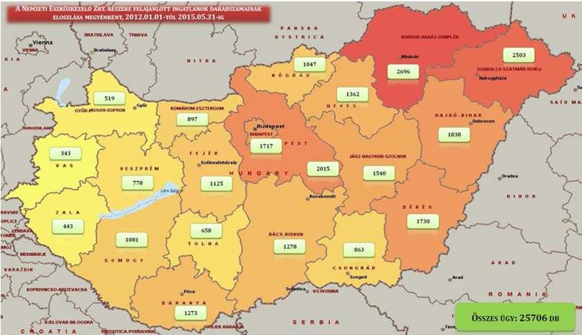 3. ábra, A NET Zrt.-nek felajánlott lakások területi eloszlása Forrás: Nemzeti Eszközkezelő Zrt.