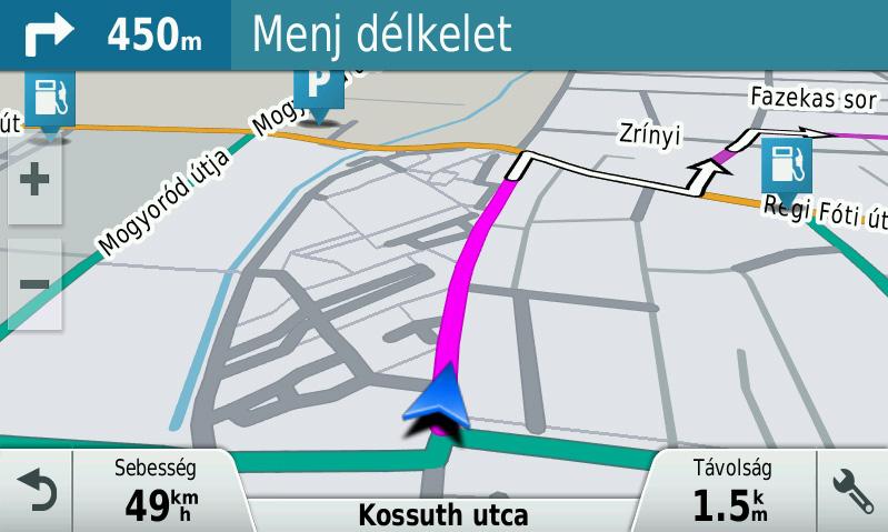 Az útvonal követése során a következő manőver. Jelzi a következő fordulót, kijáratot, egyéb manővert, valamint (amenynyiben van ilyen adat), a követendő sávot.