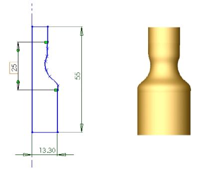 1. fejezet: SolidWorks alapismeretek A spline által generált alak megtartásához méretezni kell a spline-t. A csap fogantyú magassága még mindig megváltoztatható.