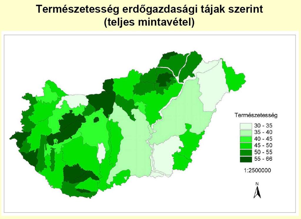 Szoros Dunántúli-khg, Dél-Dunántúl, Északi-khg legjobb Kisalföld, Alföldi homokvidék, Tisza vonala legrosszabb Hasonló eloszlás őshonos és idegenhonos fafajú erdők esetén Erdősültség - természetesség