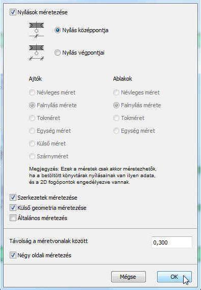 Ha egy kótavonalra merőleges fal vastagságát kell rávetíteni, nem szükséges a fal két oldalán lévő pontokra külön-külön kattintani, hanem elegendő csak egyszer a fal vonalára (a kurzoralak jelzi az